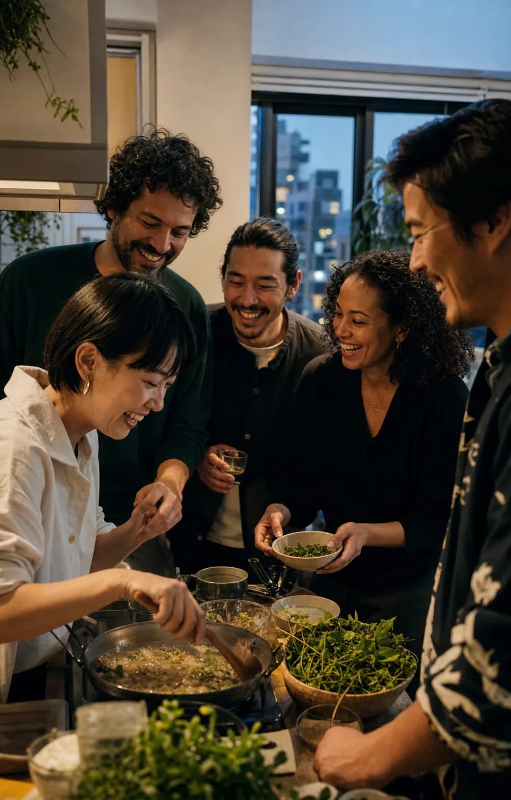 Friends laughing while cooking together in a Tokyo apartment